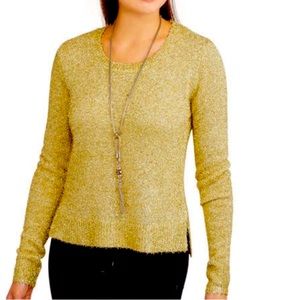 NO BOUNDARIES Gold Metallic Fuzzy Eyelash Crewneck Sweater S NWOT